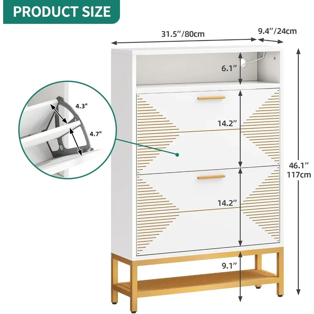 Shoe Cabinet,Modern Free Standing Tipping Bucket Rack Organizer with 2 Flip Drawers&LED Lights, Shoe Storage