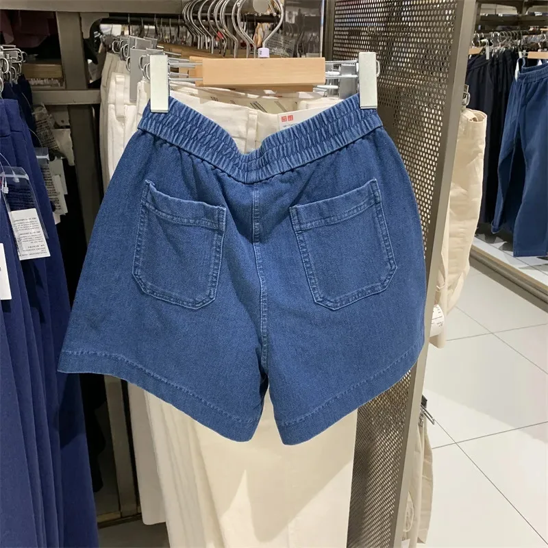 Nuove donne elastico in vita Demin pantaloncini estate a vita alta con gamba larga Jeans pantaloncini Casual donna pantaloni corti in Denim larghi