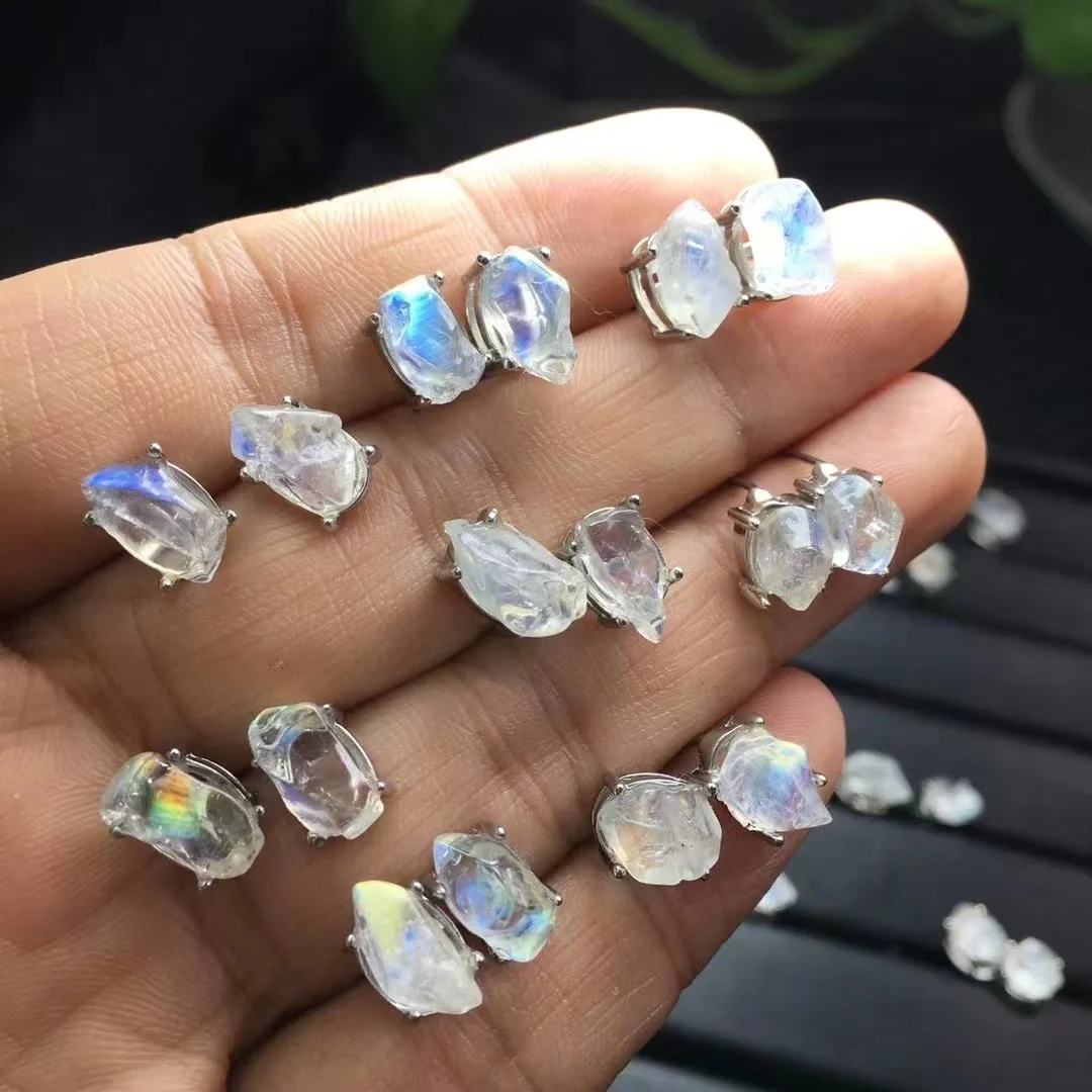 1 Pair Fengbaowu Natural Rainbow Blue Moonstone Earring Irregular Shape Stone 925 Sterling Silver Jewelry For Women