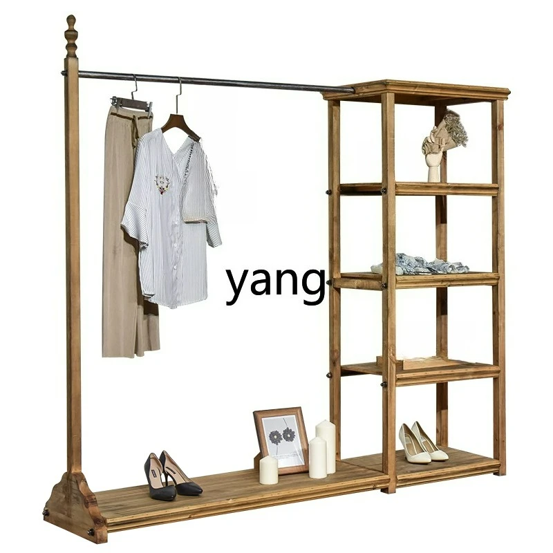 

LTT solid wood wrought iron clothing store display rack floor-to-ceiling hanger women's clothing store bag combination rack