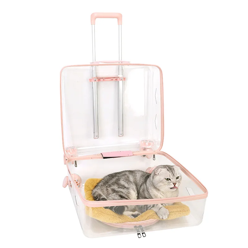 Large Luxury Square Pet Carrier Bag Travel Trolley Transparent Cat Dog Universal Wheel Rolling Carrier Trolley Case