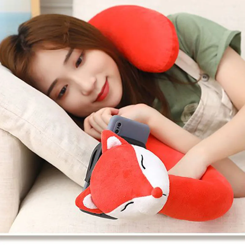 Multifunctional Funny Animal Plush Neck Pillow Phone Holder U-Shaped Lazy Bracket Hands-Free Stand for Watching TV Travel Use