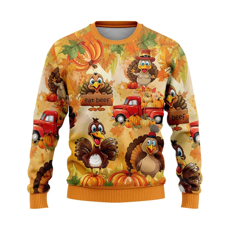 

3D Printed Thanksgiving Sweatshirts Men Pumpkin Turkey Pattern Sweaters Autumn Loose Street Round Neck Pullover Hoodies Chilren