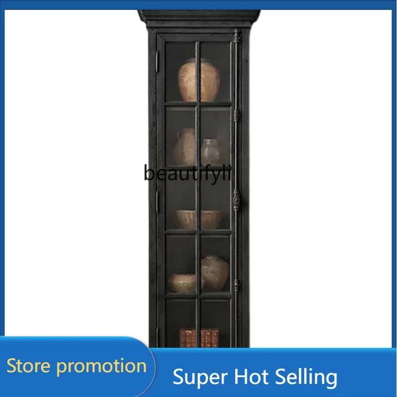 xx1American-Style Solid Wood Single Door Retro Display Wine Cabinet Sideboard Cabinet Nordic Glass Door Simple Locker Customizat