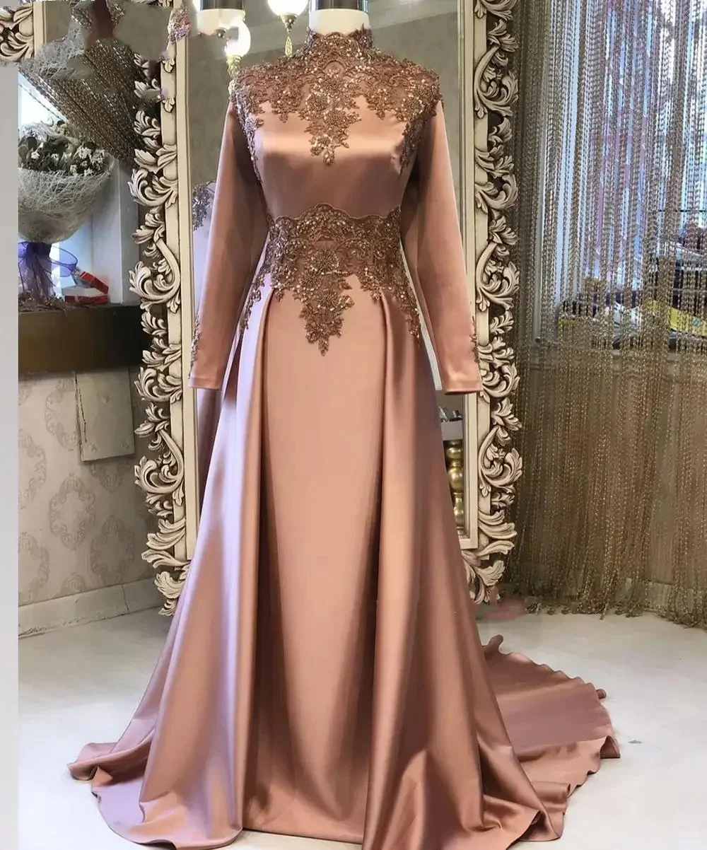 Customized Champagne Vestidos De Noche High Neck Lace Appliques Prom Dresses Elegant Long Sleeves Floor-Length Formal Evening 20