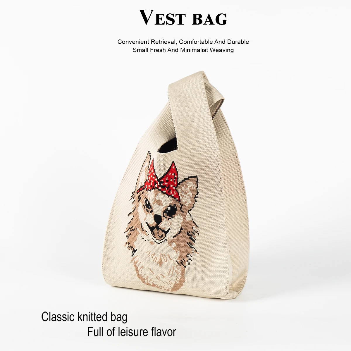Cute and Lively Dog Animal Knitted Handbag, Simple and Elegant, Casual and Versatile, Breathable, Soft and Foldable Fabric, Suitable for Daily Commuting, School, Travel, Sports, Shopping, and Taking Photos, Versatile for All Seasons, Portable and Practical, Can Carry Mobile Phones, Keys, Water Bottles, and Cosmetics