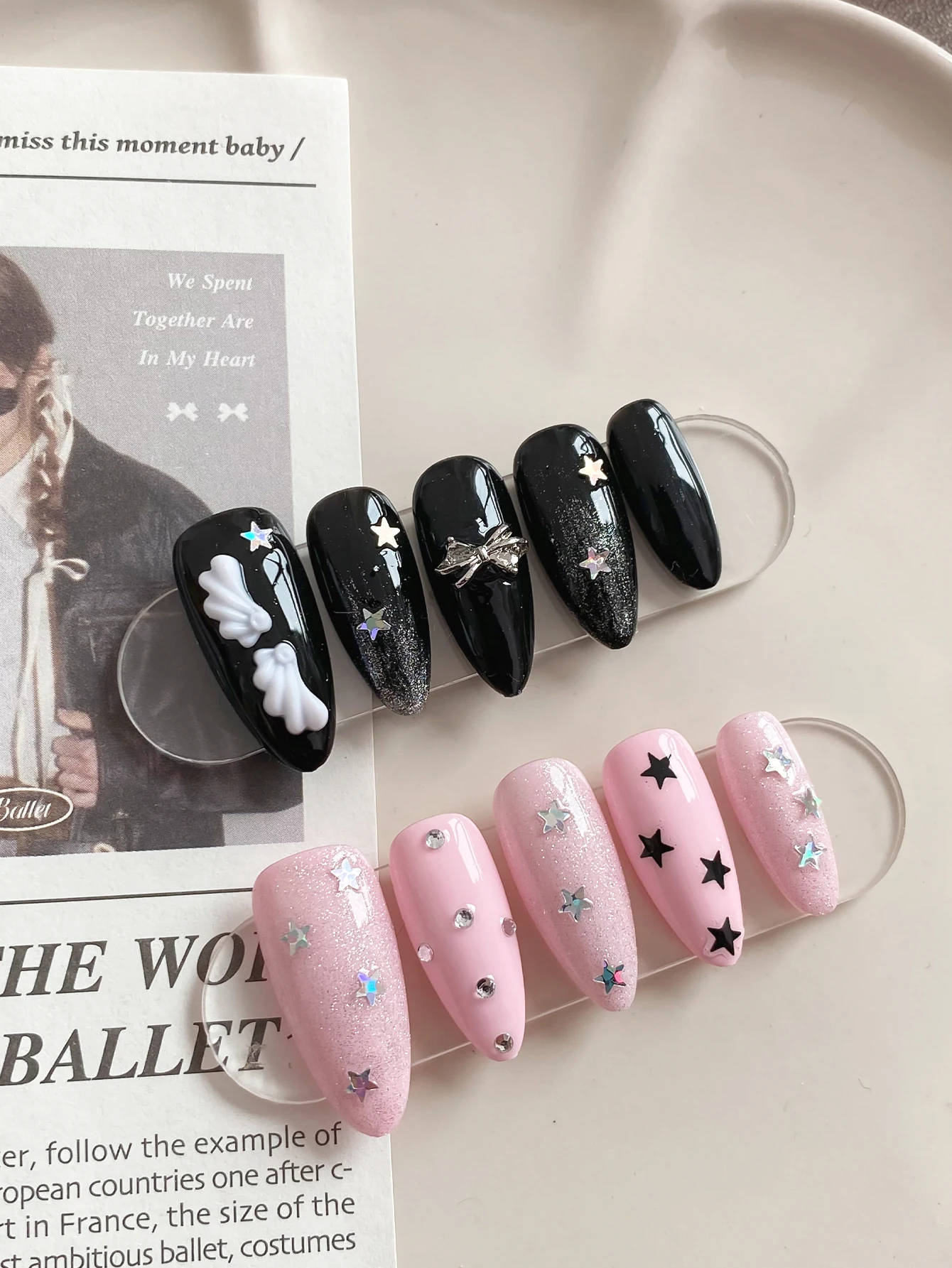 Sweet Punk Press On Nails,Stiletto False Nails,Black & Pink Glitter Nails with Wing,Star & Bow Rhinestone Decor