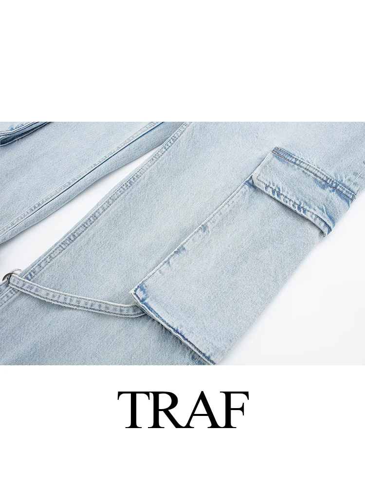 TRAFZA 2024 New Women Fashion Casual Lace up Wide Leg Baggy Jeans Offiice Lady With Pocket Loose Straight Pants Female Trousers