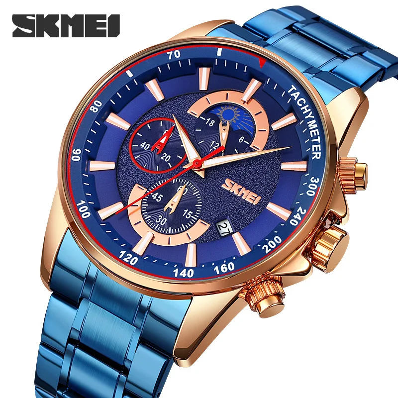 Skmei Stylish and Versatile Men's Business Watch Moon Phase Steel Belt Men's Quartz Watch