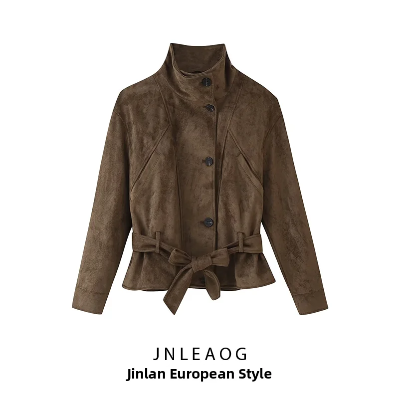 Fashionable Women's Vest Autumn New Style Velvet Texture Effect Coat with Belt Standard Fit Polyester Button Closure Short Coat