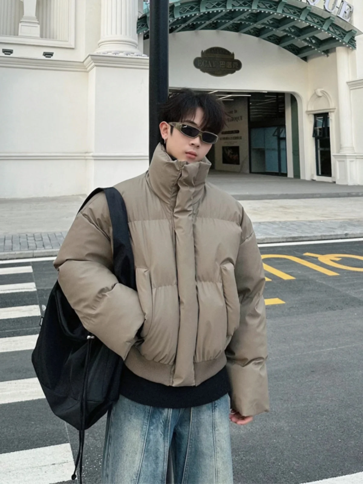 Coffe Brown PU Leather Thickened Short Coat Men's Winter Cotton Jacket American High Street Style Bread Shape Warmth Short Ou...