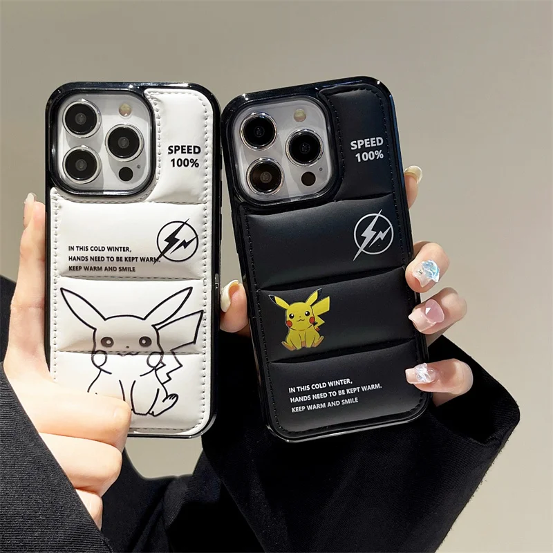 Fashion Anime Pokemon Pikachu Down Jacket Puffer Case for iPhone 15 14 13 12 11 Pro Plus Original Lovely Silicone Phone Cover