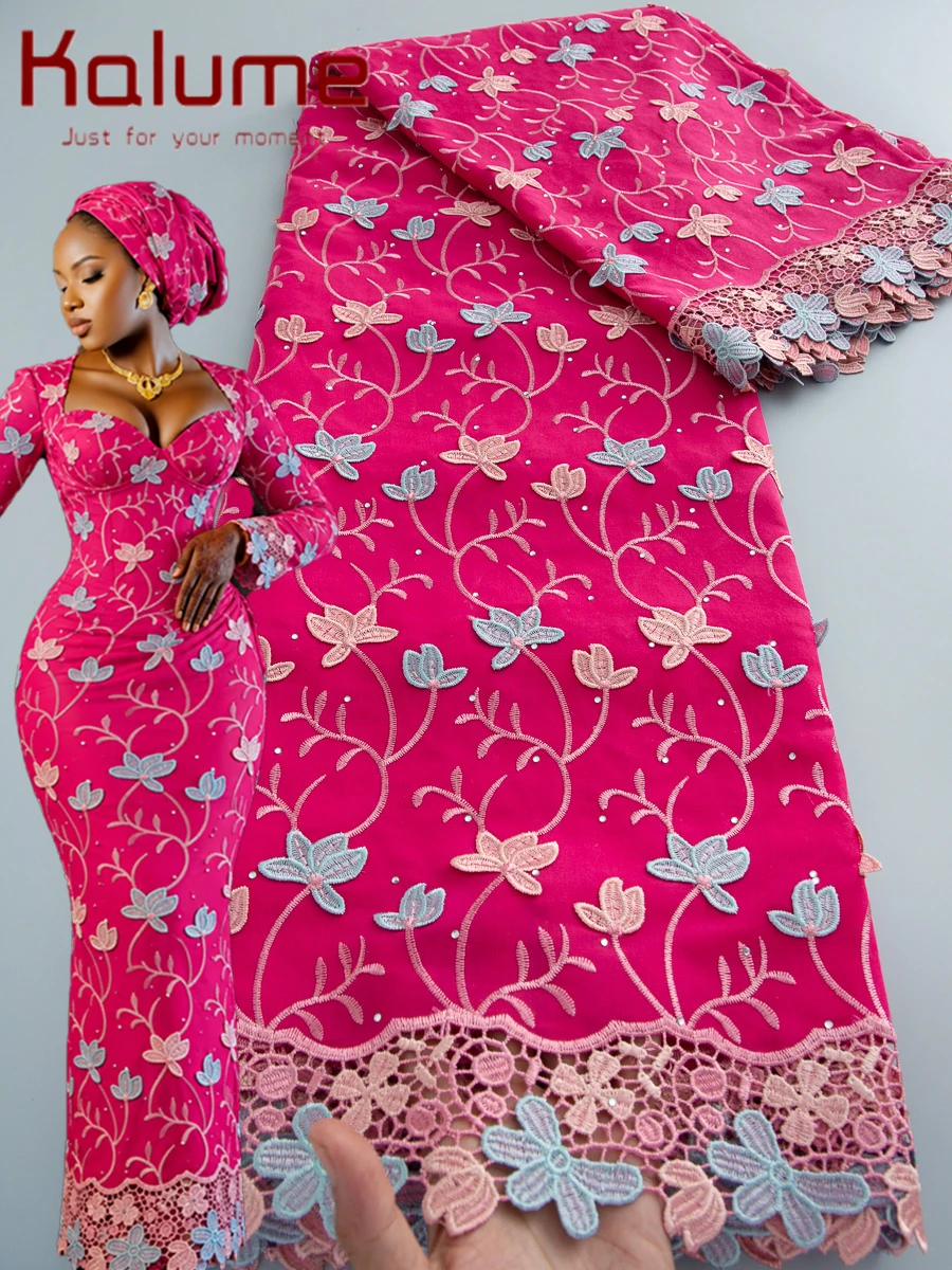 Kalume African Swiss Voile Lace Fabric With Stones High Quality Embroidery Nigerian Cotton Lace Fabric for Wedding Dress F4529