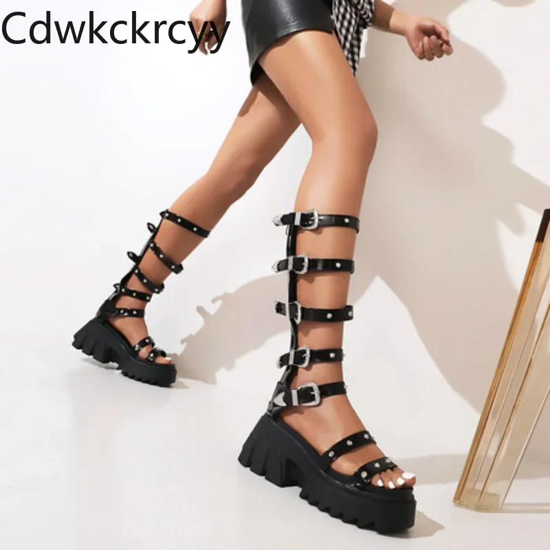 summer fashion Exposed toe high-heeled women's sandals Metal decoration Buckle Rear zipper Square heel Rome Women cool boots