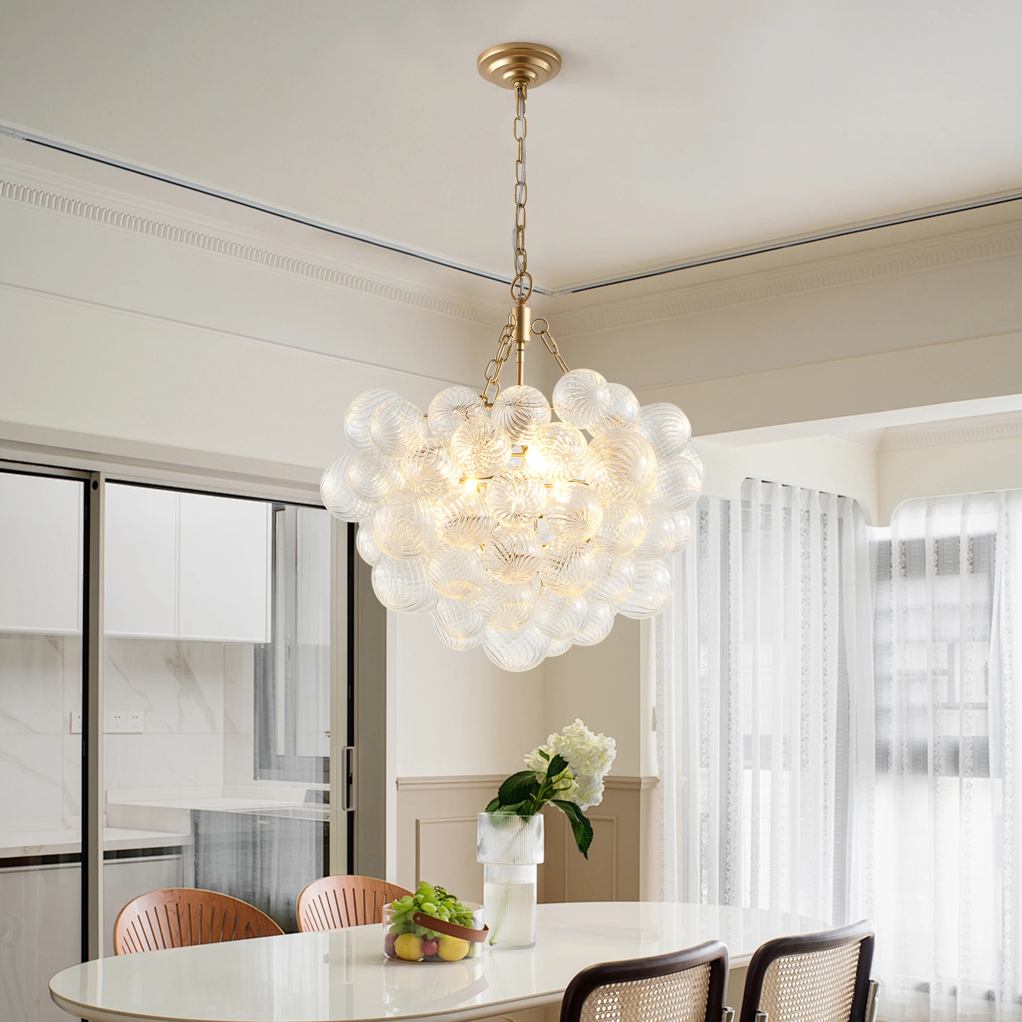 20-Inch Gold Pendant Light Chandelier with Threaded Clear Glass Globe Shade  Adjustable Height (No Bulbs)