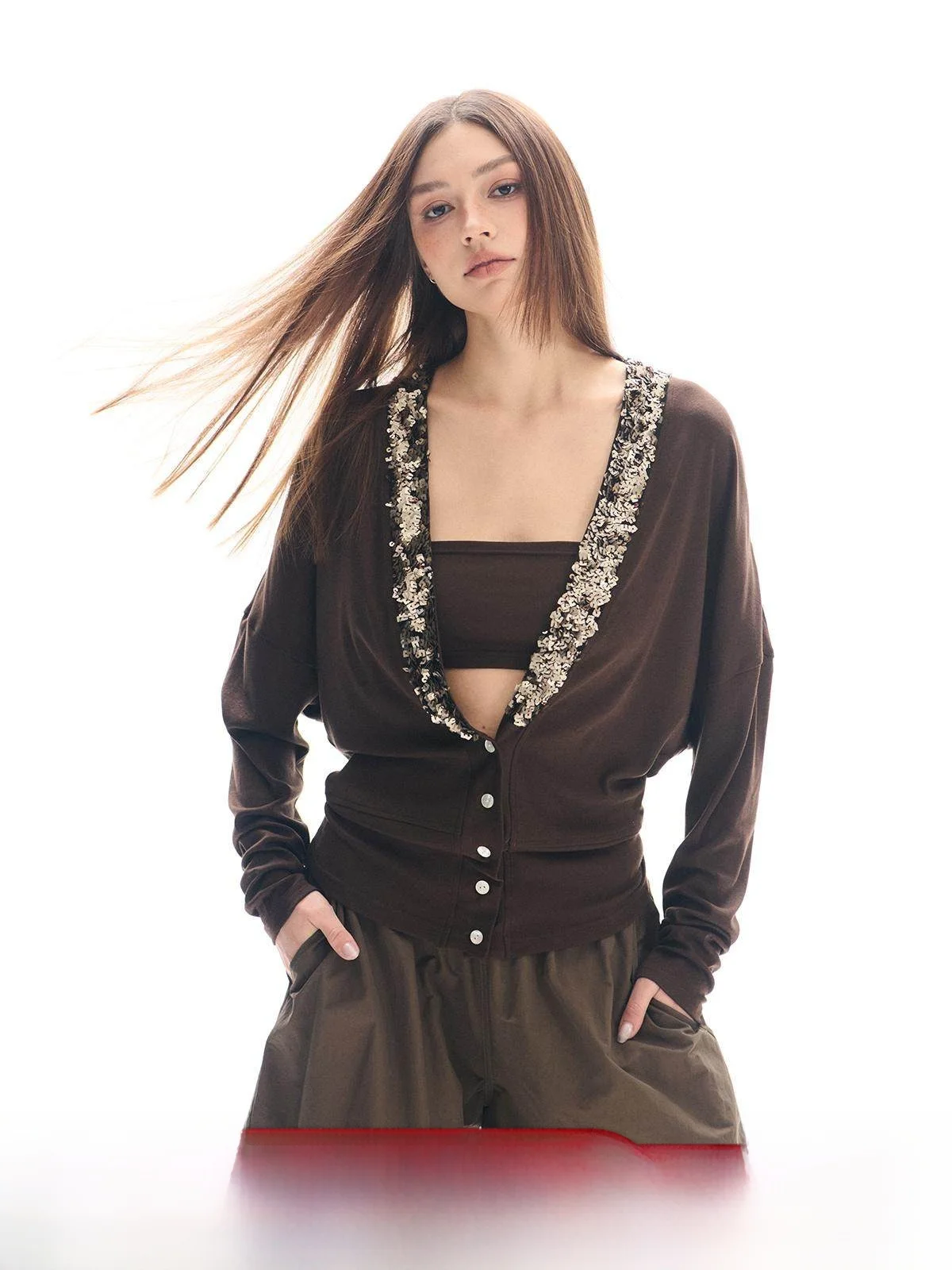 

Goosfir Оригинальный дизайн, весенний свитер с V-образным вырезом и длинными рукавами, облегающий, с пайетками и вставками, женский повседневный вязаный топ