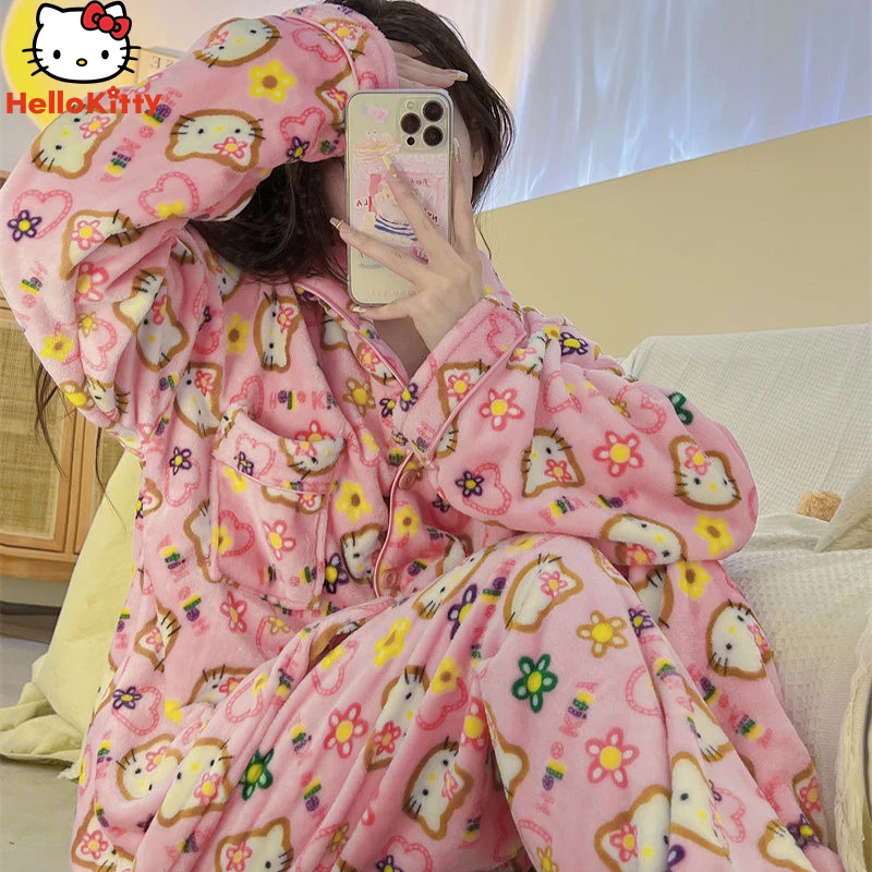 

Hello Kittys Coral Fleece Pajamas Sanrios Anime Kawaii Korean Fashion Simple Cute Girls Home Warm Pajamas Home Clothes Set