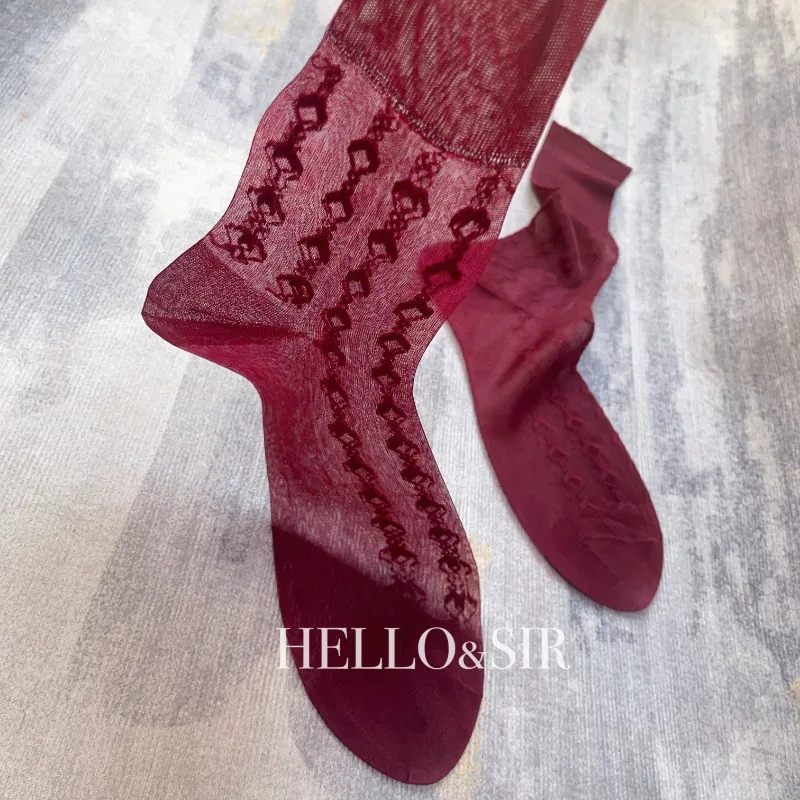 Sexy Thin Nylon Stockings for Man Sexy Vintage Wine Red Silk Dress Socks Male Breathable Business Jacquard  Long Socks Men Socks