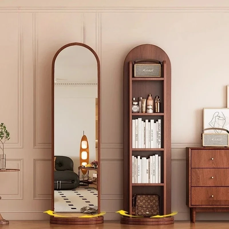Nordic Solid Wood Floor Full-body Mirrors Home Rotatable Full-length Mirror Bookshelf Storage Integrated Fitting Mirror