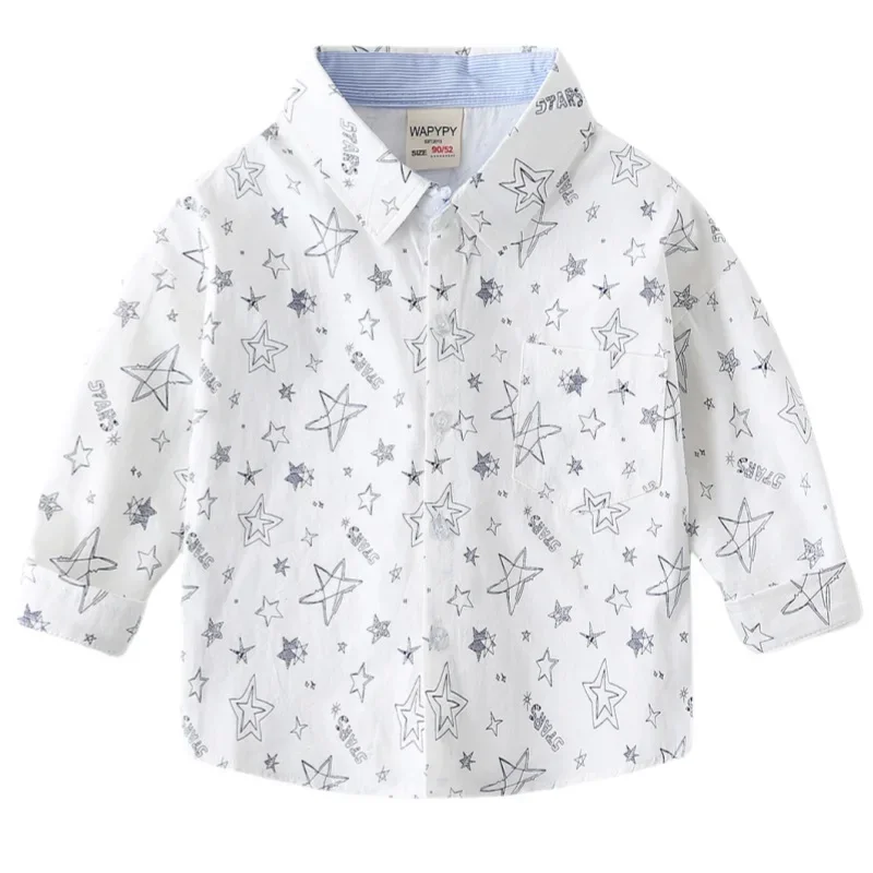 Boys Fashion Five-pointed Star Full Print Shirt New 2025 Spring Autumn Kids Long Sleeve Lapel Shirts Tops Child Casual Clothing