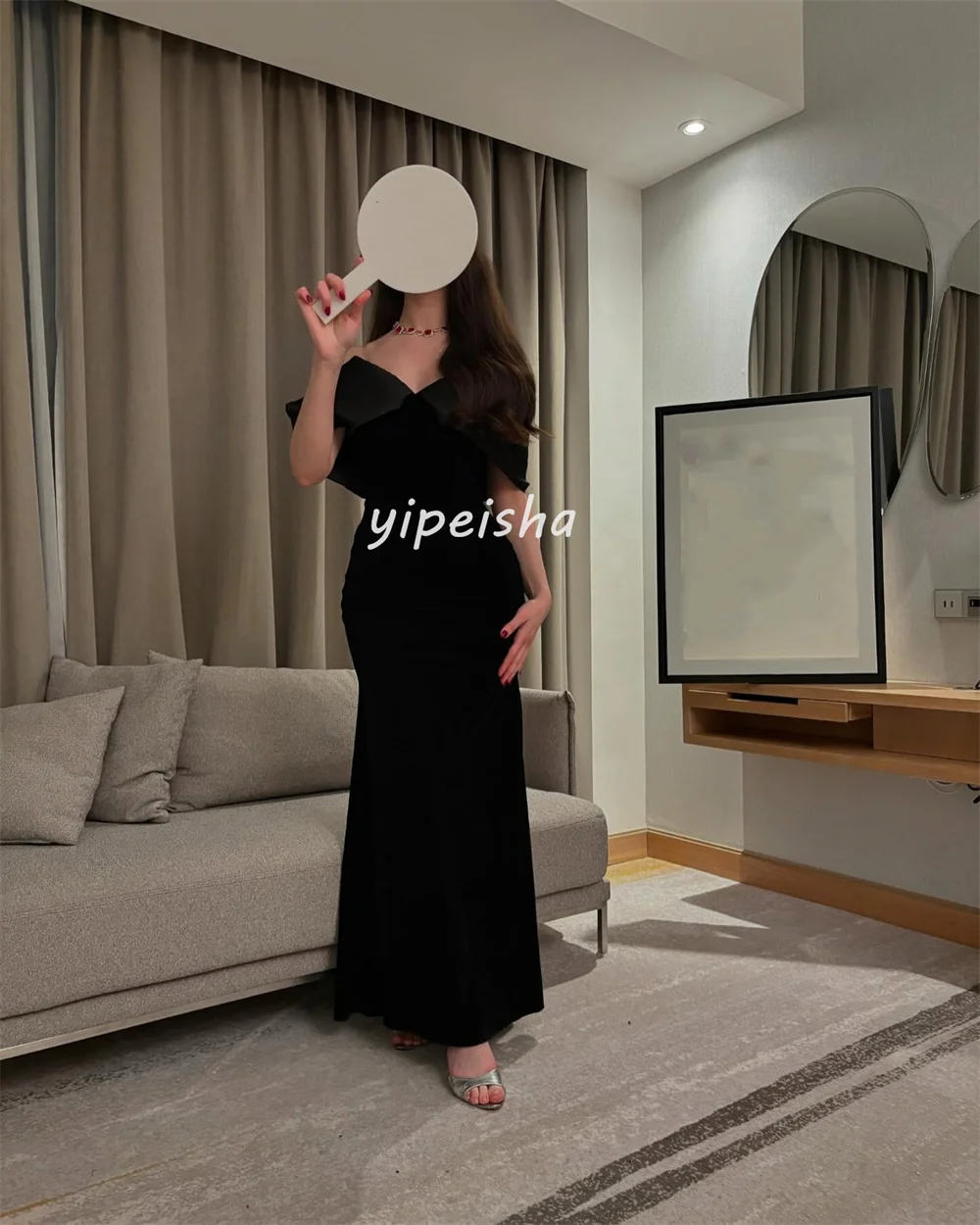 Op maat gemaakte bijpassende hoge kwaliteit jersey plooi ruches zeemeermin off-the-shoulder midi-jurken avondjurken maten beschikbaar retro