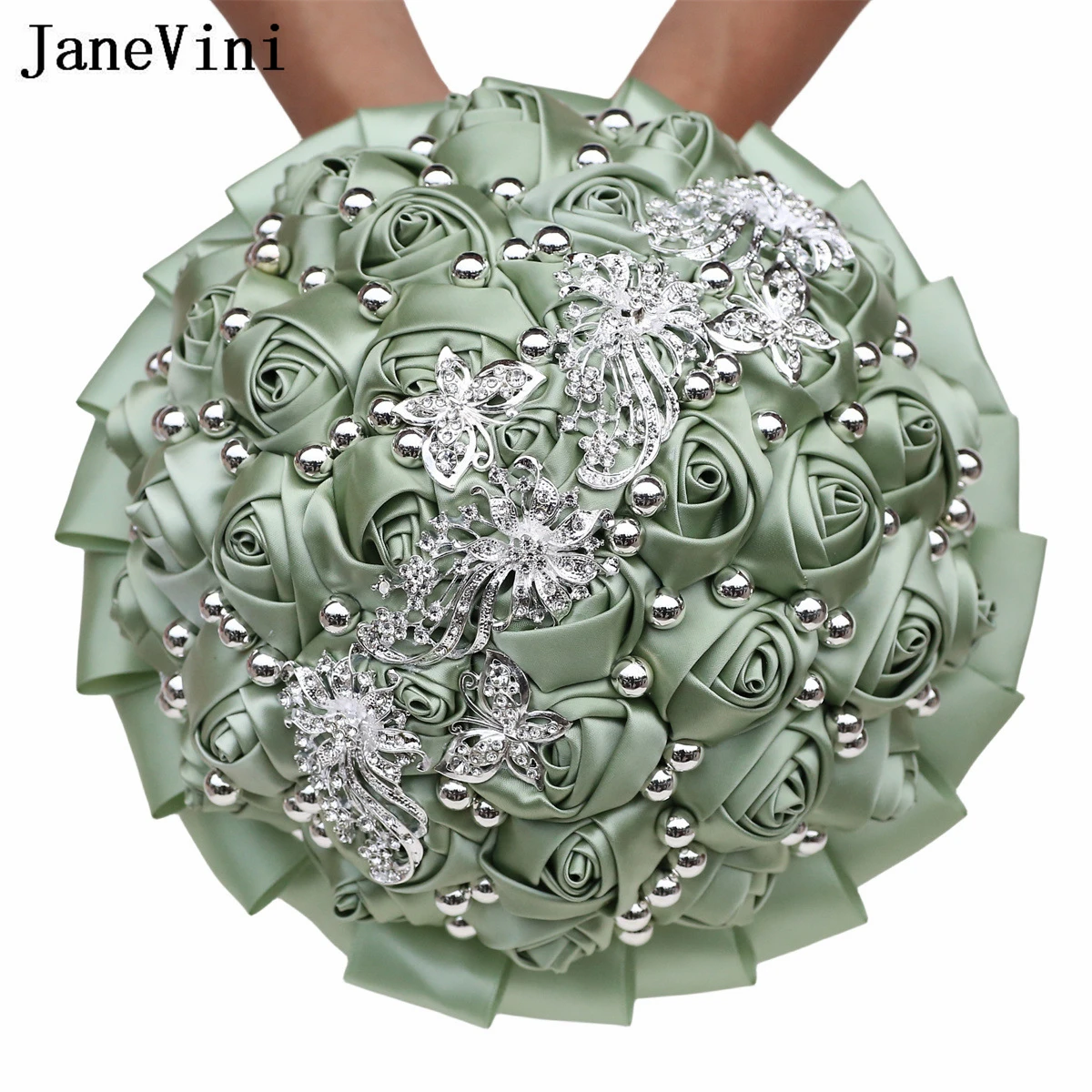 JaneVini 2024 Sage Green Bridesmaids Bouquet Flowers Crystal Beaded Butterfly Satin Bridal Wedding Bouquet De Fleur Artificielle