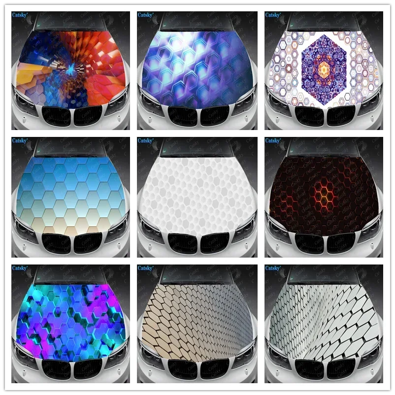 Abstract 3D Hexagon Print Car Hood Vinyl Stickers Wrap Vinyl Film Engine Cover Decals Sticker on Car Auto Accessories