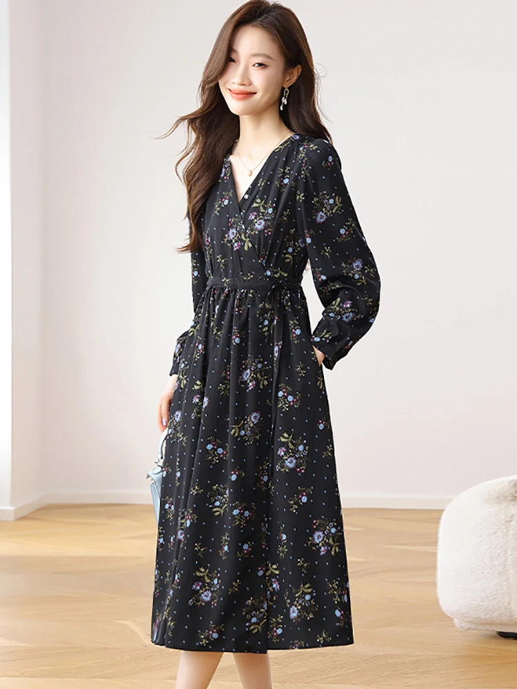 2025 negro Floral de manga larga con cuello en V vestido Midi mujeres Vintage Hepburn vestido de graduación primavera otoño coreano ceñido al cuerpo Festival Vestidos