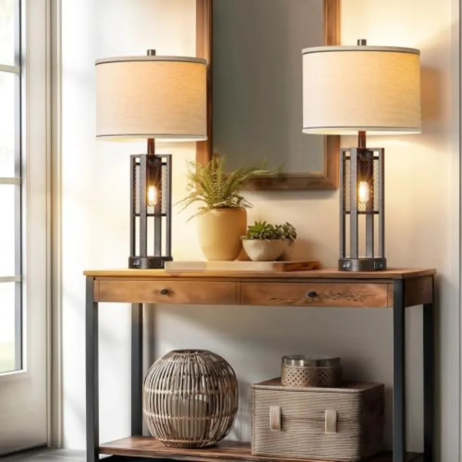 Lámpara de mesa industrial de granja de 28 pulgadas, juego de 2 lámparas de mesita de noche rústicas con puertos USB A + C duales, malla metálica bronce nocturna
