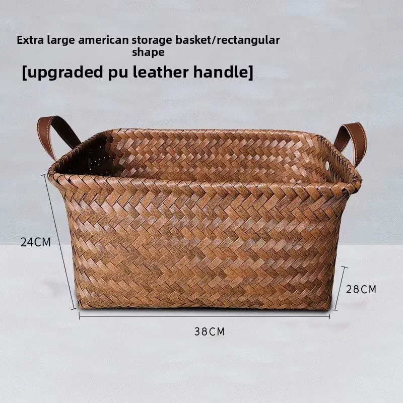 Kosz do przechowywania Kosz na ubrania Influencer Imitacja rattanu Tkany uchwyt PU Wiadro na pranie Kosz na przekąski Zabawki Brudne ubrania