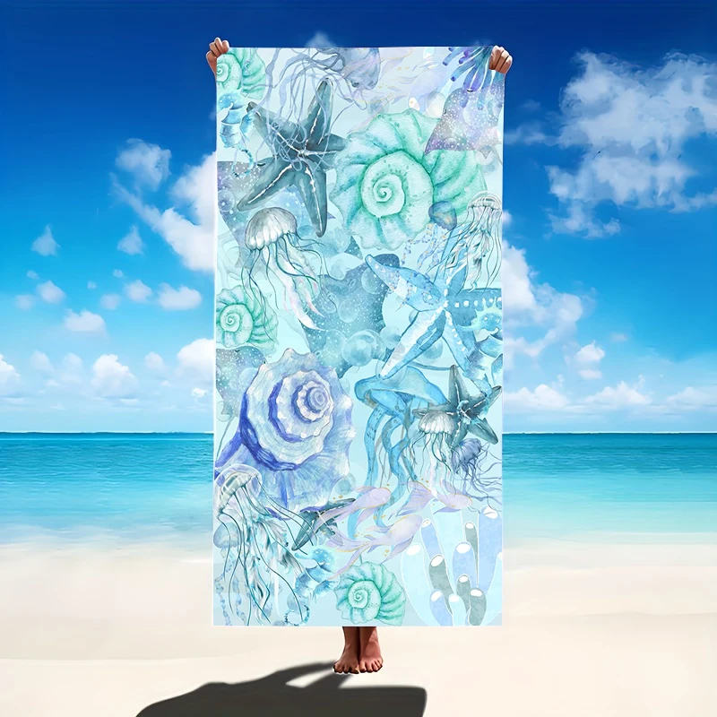 Watercolor Seashell Beach Towel Starfish Jellyfish Print Oversized Microfiber Quick Dry Sand Free Summer Vacation Pool Gift