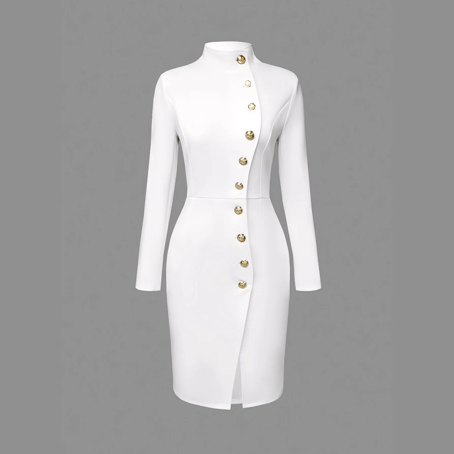 Women's Stand Collar Dress Metal Single Breasted Long Sleeve Split Hem Elegant European Retro Autumn Midi Solid Slim Dresses