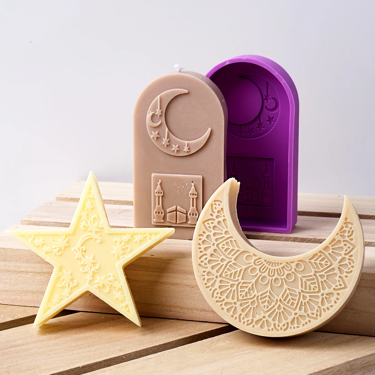 Mandala Crescent Moon Candle Mold Star Silicone Mold for Eid Mubarak Ramadan Decor DIY Handmade Plaster Craft Festive Home Decor