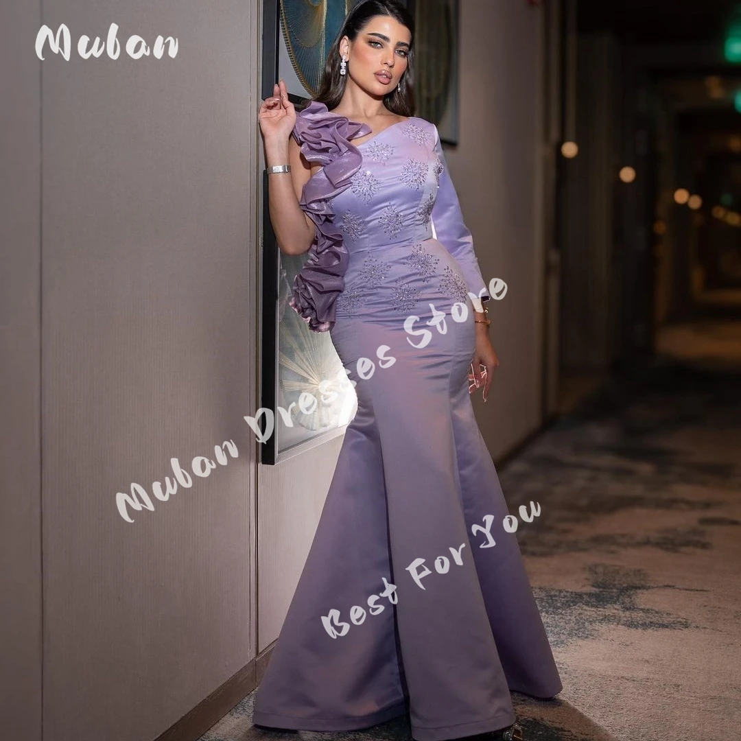 

Lilac One-shoulder Long Sleeves Prom Dresses Beaded Sequins Mermaid Evening Dresses 2024 Formal Wedding Party Gown Vestidos