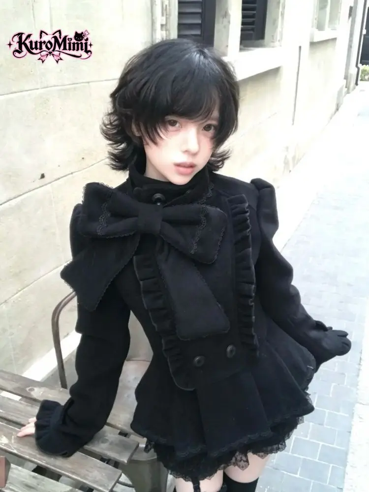 Gothic Lolita Japanese Subculture Cropped Wool Jacket Women Bow Ruffle Trim Double Breasted Stand Collar Slim Fit Vintage Outfit