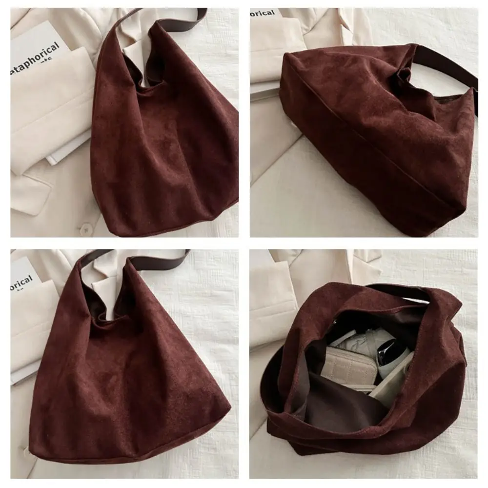Neue Herbst- und Winter-Vintage-Damentasche mit Großer Kapazität, Modische Wildleder-Schultertasche, Schlichte Einfarbige Vielseitige Bucket Bag – Detail 1