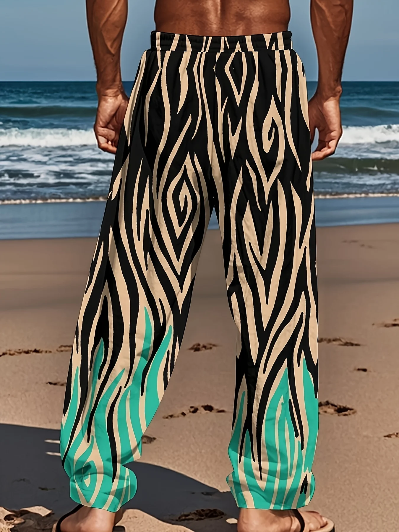 Men's straight pants loose fit 3d black and white flame print casual wide leg style suitable for teenagers and adults
