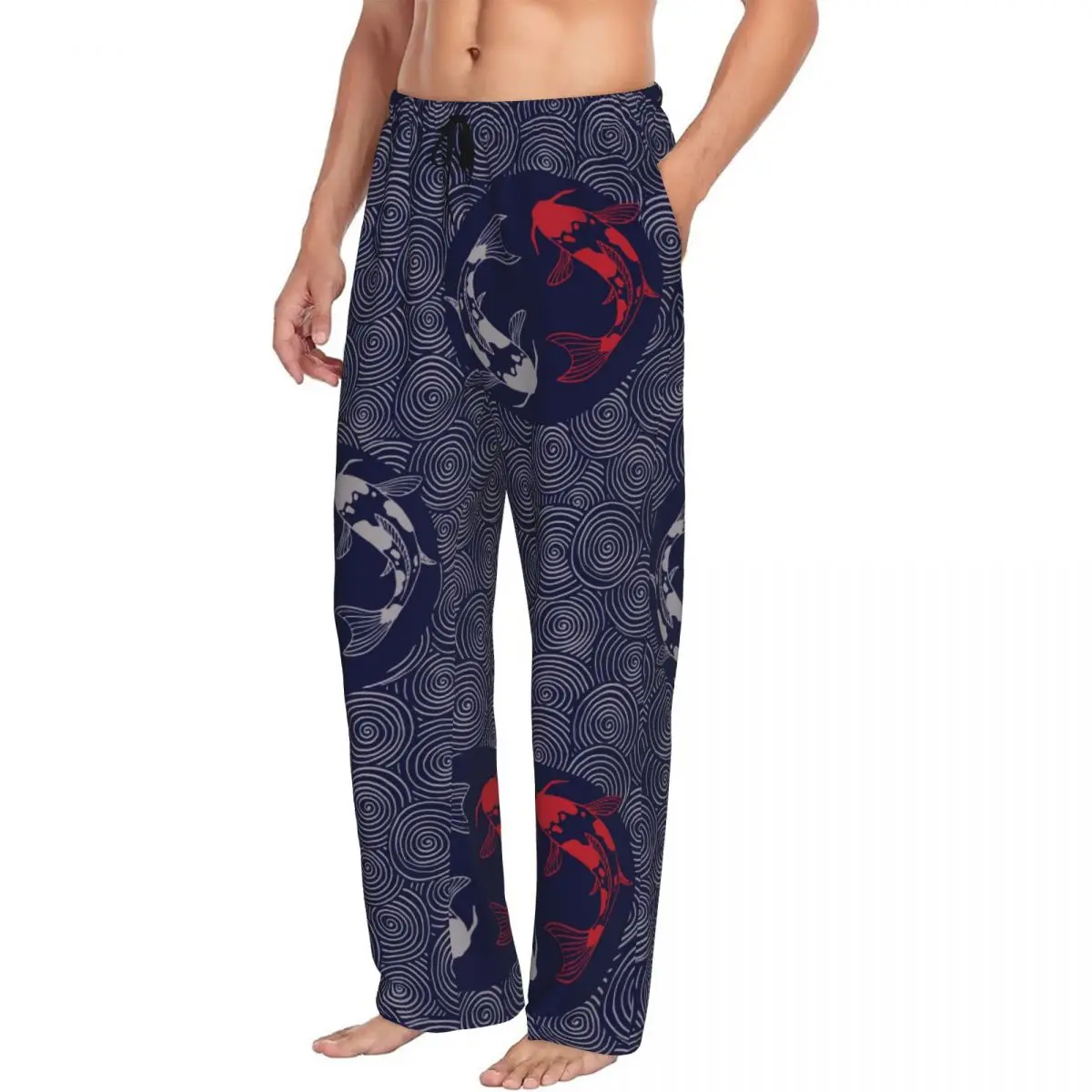 Custom Printed Men's Pajama Pants Japanese Waves Koi Carps Blue Print Sleepwear Sleep Lounge Bottoms with Pockets