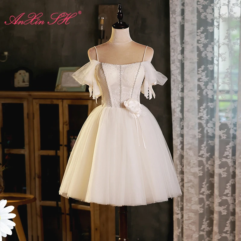 

AnXin SH princess white rose flower lace spaghetti strap party beading crystal short customized evening dress little white dress