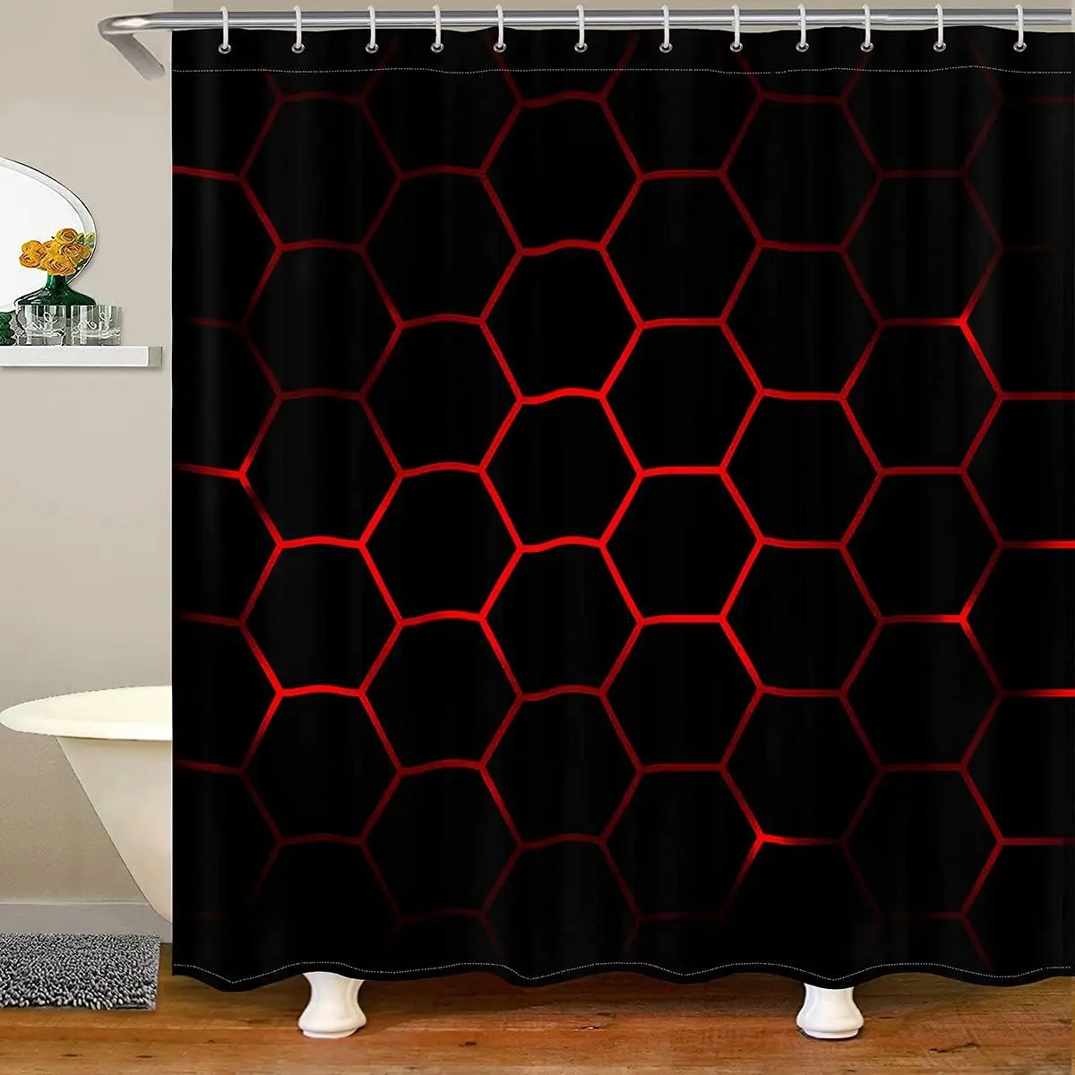 

Honeycomb Bathroom Waterproof Accessories with 12 Hooks for Kids Men Girls Modern Geometric Hexagon Theme Fabric Shower Curtains