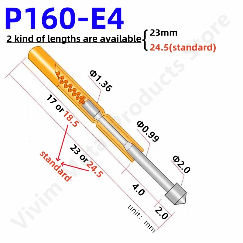 20/100pcs Pogo Pin P160-E4 Spring Test Probe P160-E Nickel Plated PCB Test Pin Needle Head 2.0mm 23mm or 24.5mm Pin Dia 1.36mm