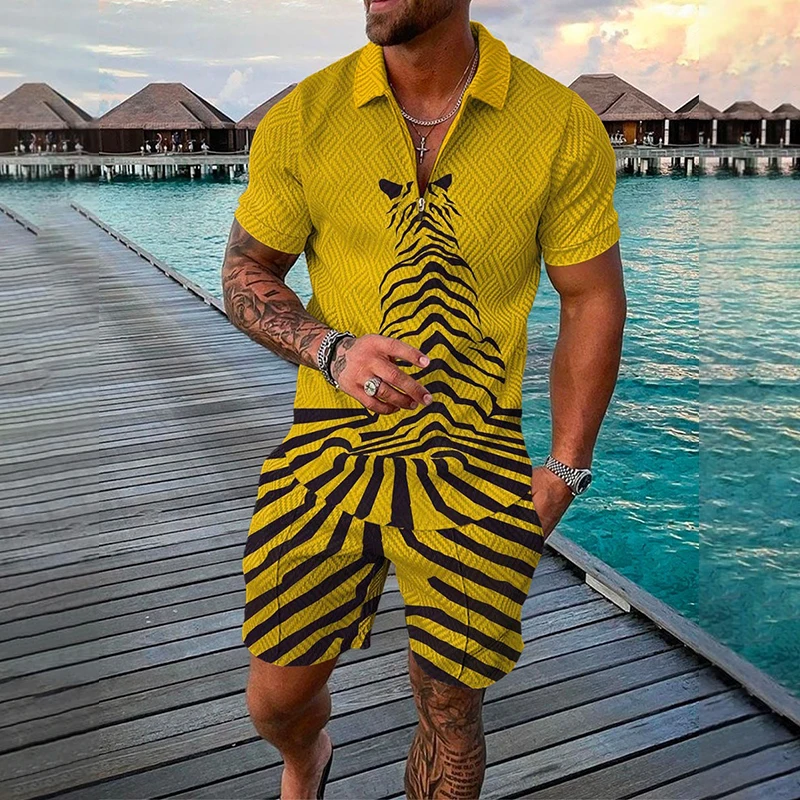 Summer Tiger Stripes Pattern Print Men's Tracksuit Sets Casual Zipper Polo Shirt And Shorts 2pcs Sets Streetwear Man Clothing