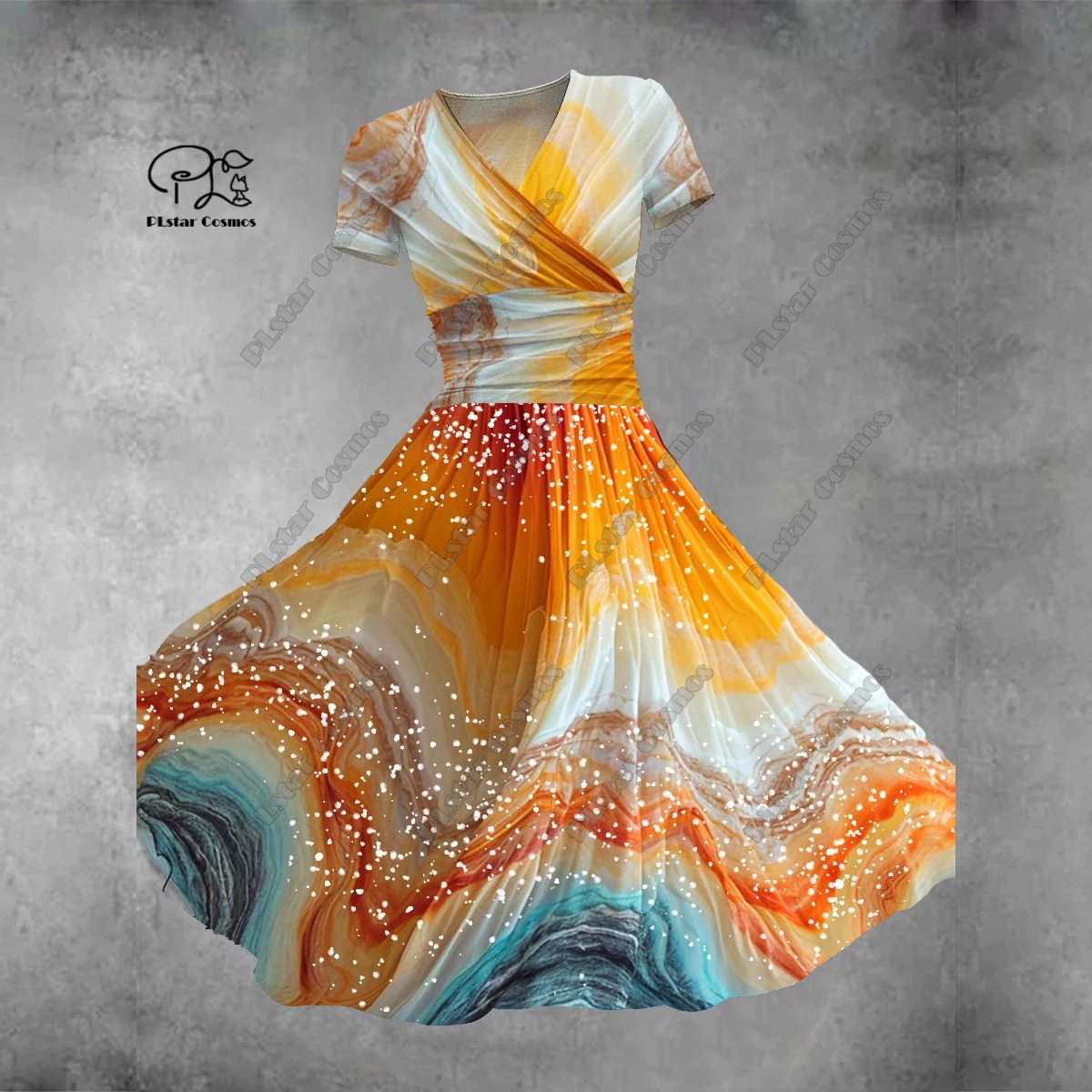 3D printed floral skirt Valentine's Day series printed V-neck short-sleeved dress A-line long skirt casual and fashionable  -6