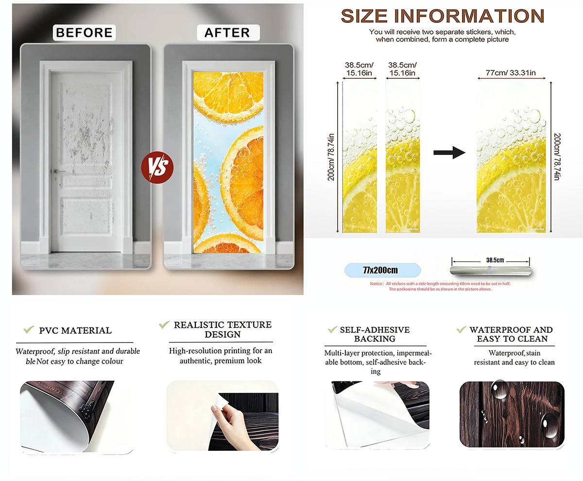 Fresh Lemon Orange Fruit Door Sticker Peel & Stick Waterproof PVC Removable Door Mural Kitchen Bathroom Door Decor