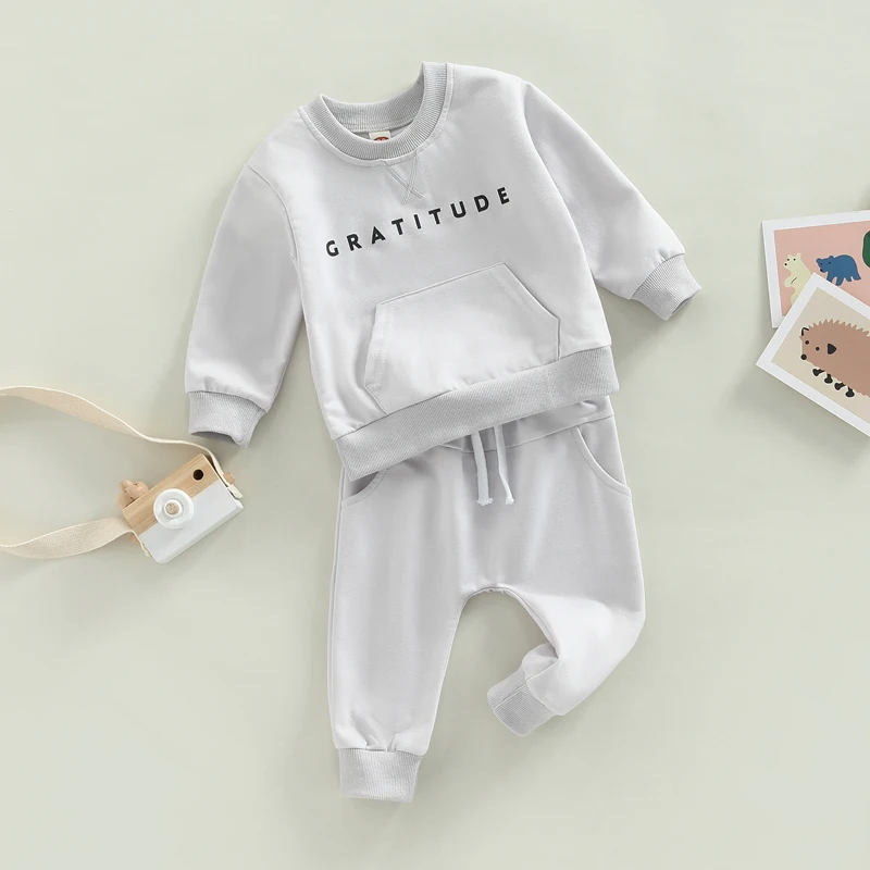 2022-10-19 Lioraitiin Baby Girls Boys 2Pcs Fall Outfit Letter Print Round Neck Long Sleeve Sweatshirts Tops Elastic Waist Pant