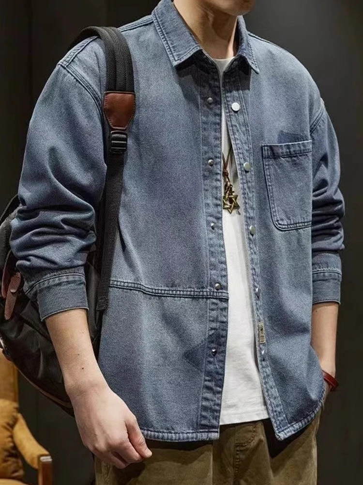 

Мужская джинсовая куртка American Sle Heavyweight, весенне-осенняя новая модная свободная рабочая одежда, верхняя одежда Jaet Long Sve Blue