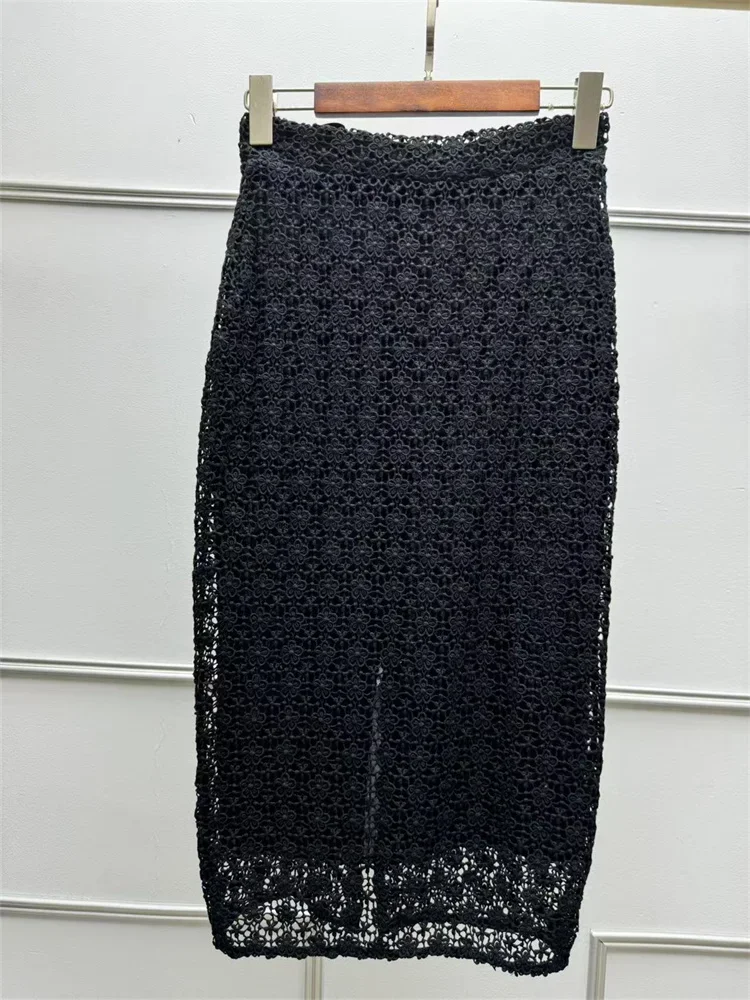 Conjunto de falda de ganchillo de encaje para mujer, Jupe Midi con abertura negra o blusa transparente de manga larga, traje calado para mujer