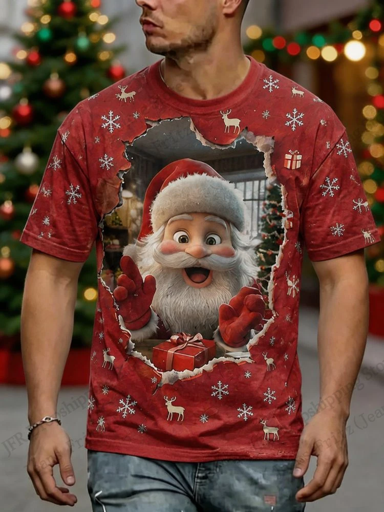 Christmas Santa Claus Reindeer 3d Print T-shirt Men Women Fashion Oversized Short Sleeve Tops Tees Men Clothing Vocation Holiday