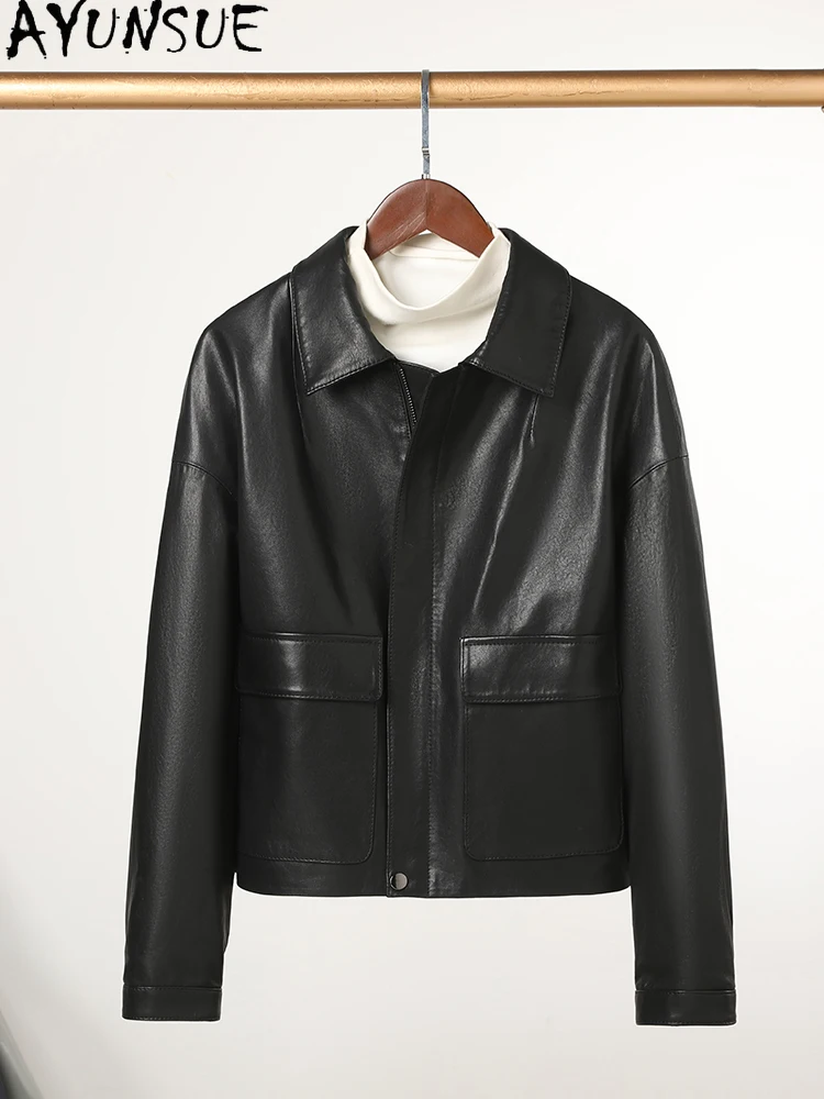 AYUNSUE 100% Oryginalna Skórzana Kurtka Damska z Owczej Skóry Jesień 2025 Luźna Kurtka Skórzana Odzież Damska Wysoka Jakość 가죽자켓 여성