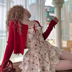 Sweet Cottagecore  Two Piece Set Women 2024 Red Knitted Cardigan +Cute Mini Dress Female Floral Print Casual Floral Dress Suit